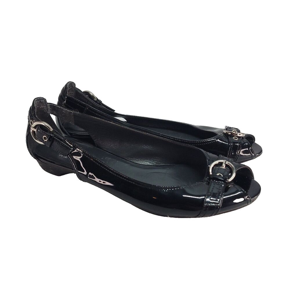 stuart weitzman Chit Chat Patent Leather Flats 8.5 Black Sling Back Peep Toe - Picture 9 of 14